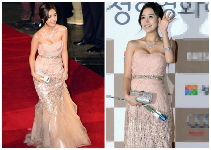 Nữ diễn viên của “Phẩm chất quý ông” Yoon Jin Yi rạng rỡ trong trang phục váy quây với họa tiết đính bạc rất ăn nhập với những phụ kiện đi kèm như sắc, vòng tay, vòng cổ và đai thắt lưng.